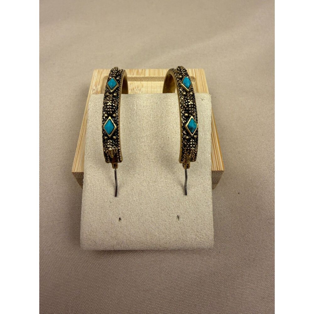 Vintage Southwestern Style Faux Turquoise Inlay Oval Hoop Earrings